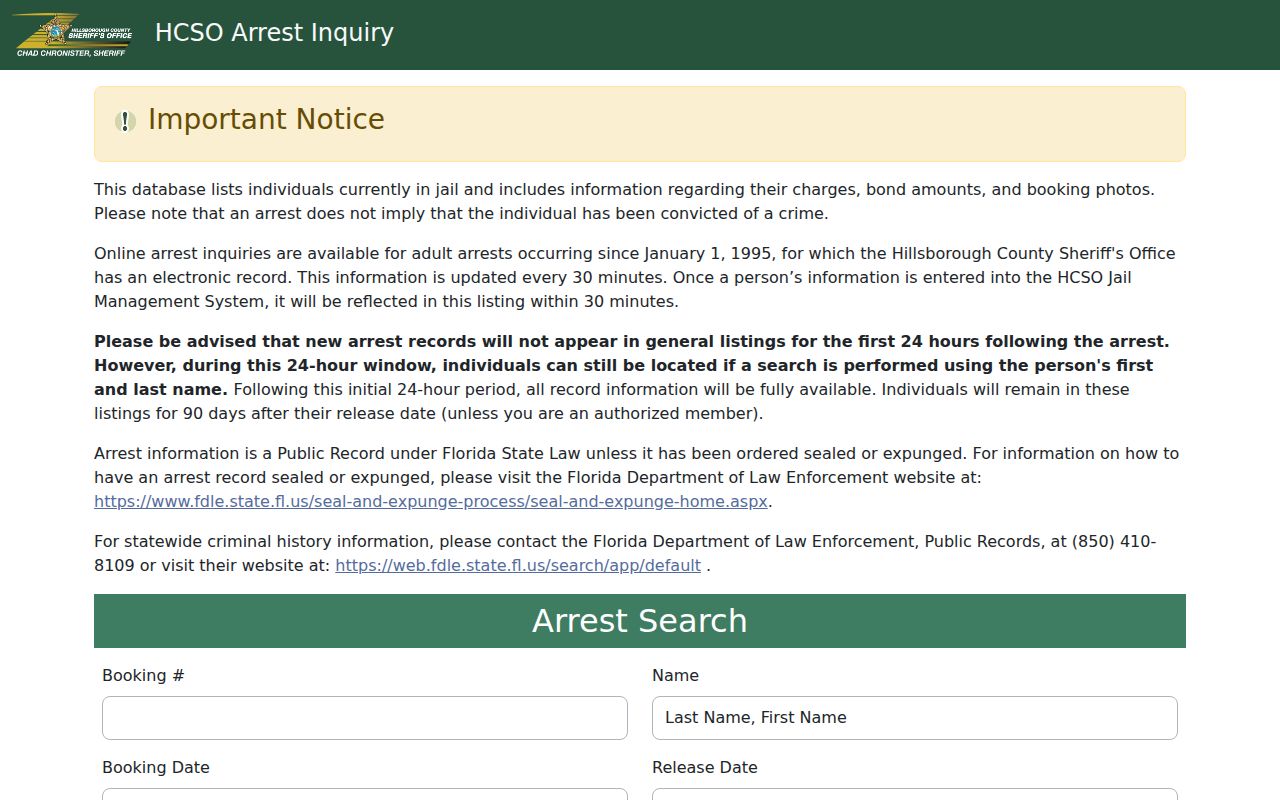 Hillsborough County official jail roster and busted mugshot search interface