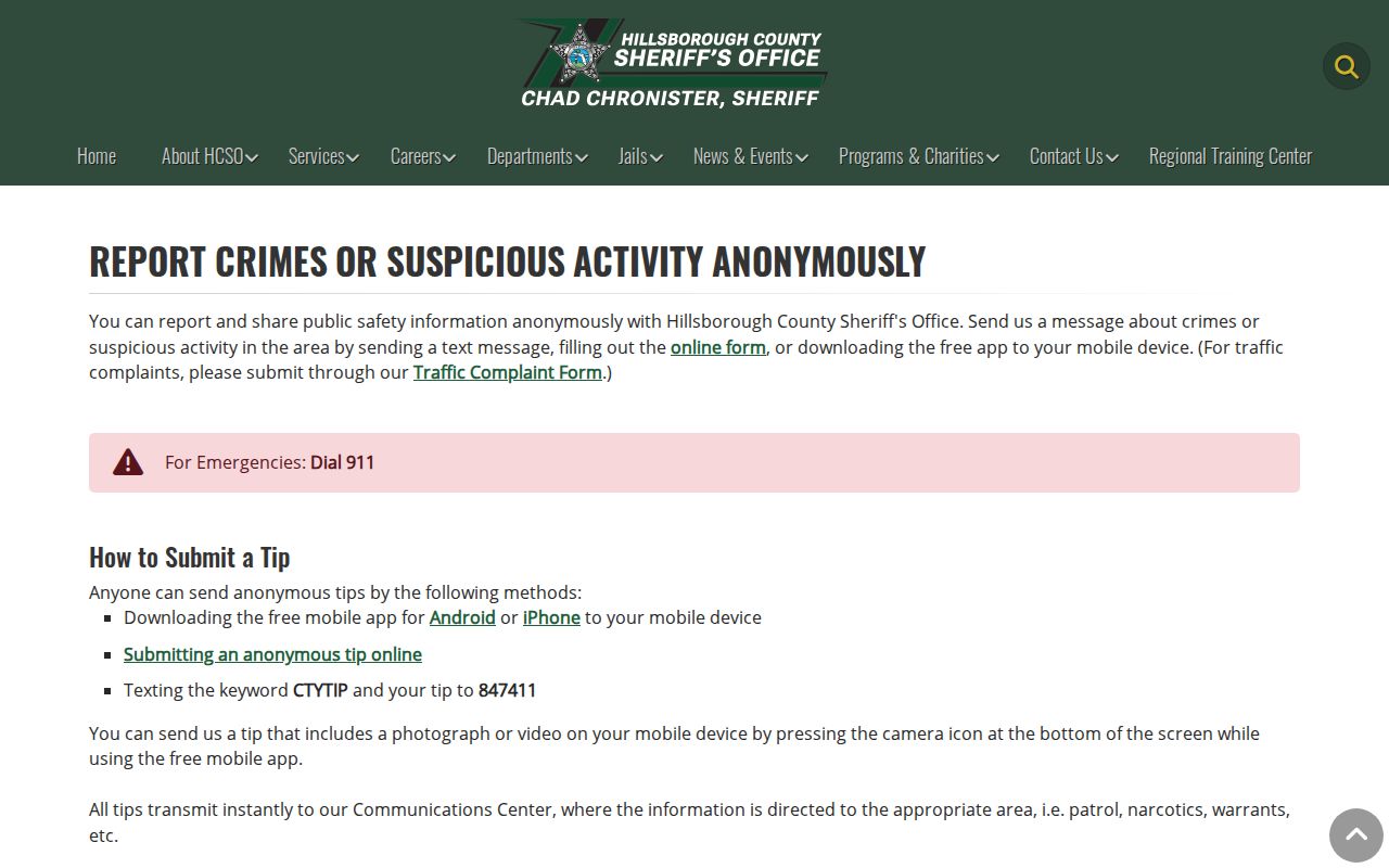 Hillsborough County most wanted anonymous tip411 reporting interface