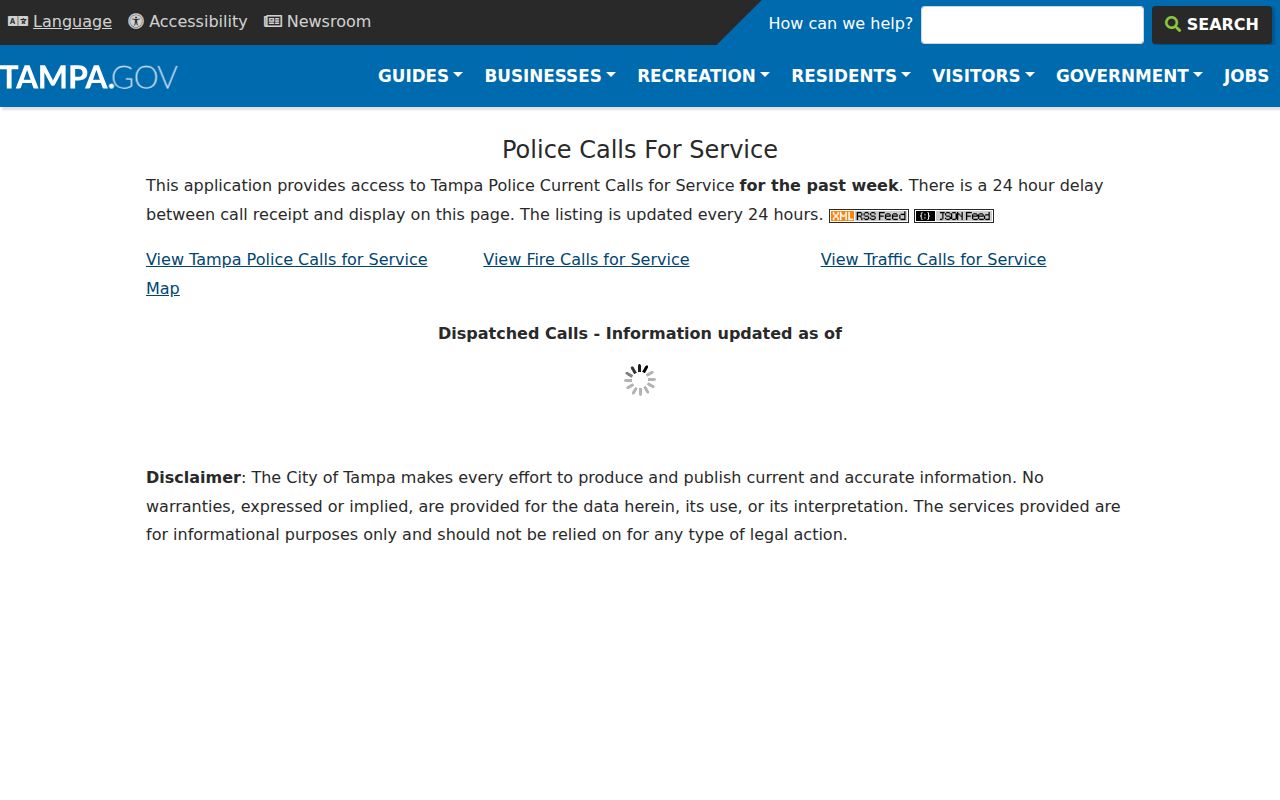 Tampa Police calls for service interface showing incident records rather than booking photos
