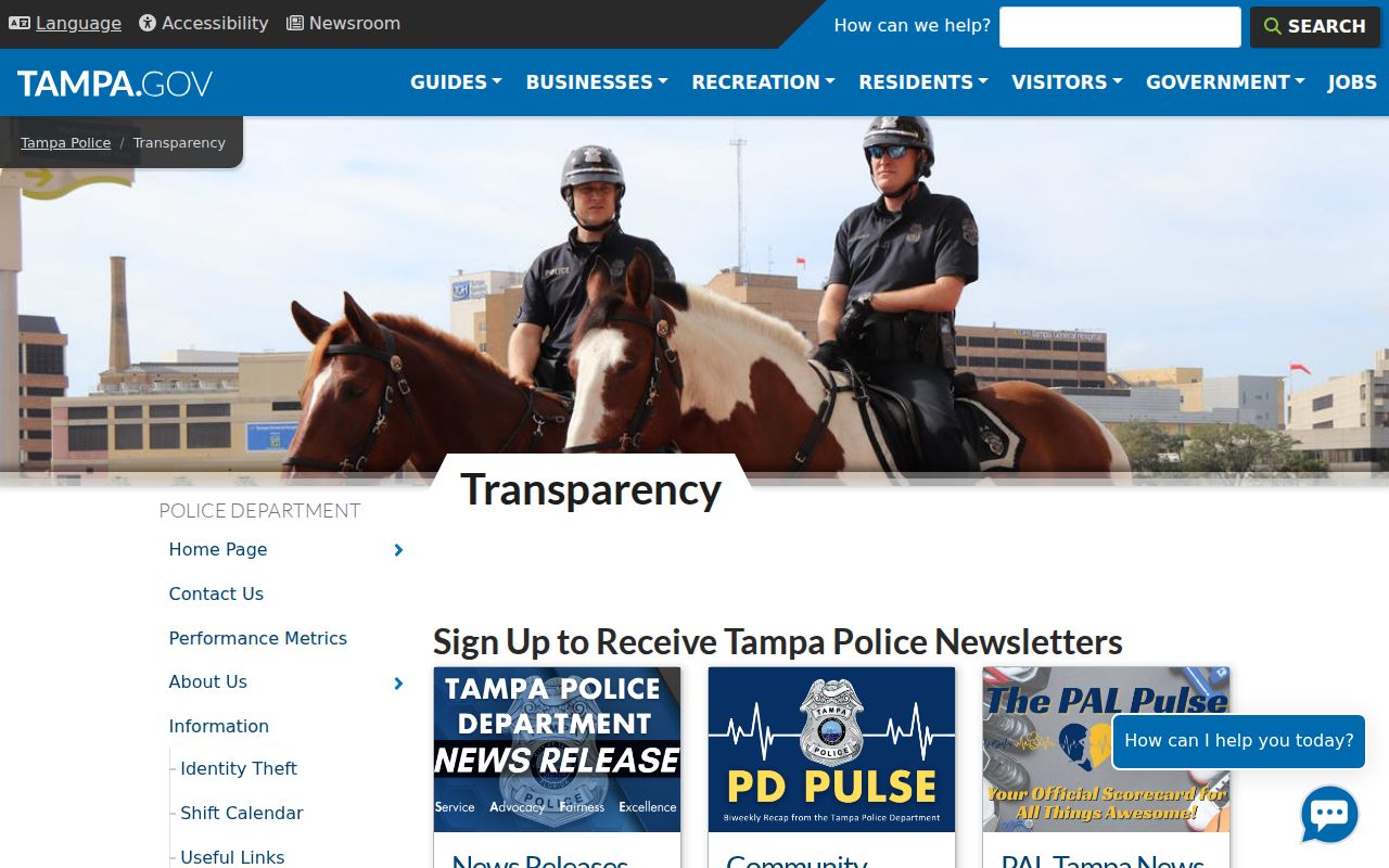 Tampa Police Department transparency page routing arrest records to Hillsborough County